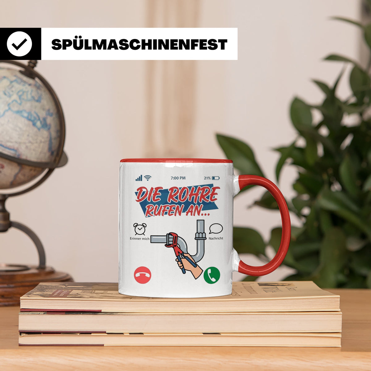 Klempner Tasse mit Spruch Die Rohre rufen an, Geschenk für I – Rot [farbe:rot]
