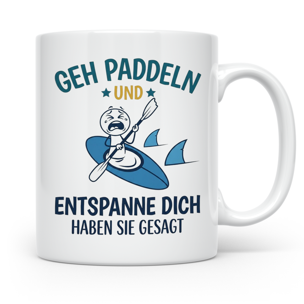 Paddeln Tasse mit lustigem Spruch, Kajak & Hai Motiv, Gesche – Weiß [farbe:weiß]