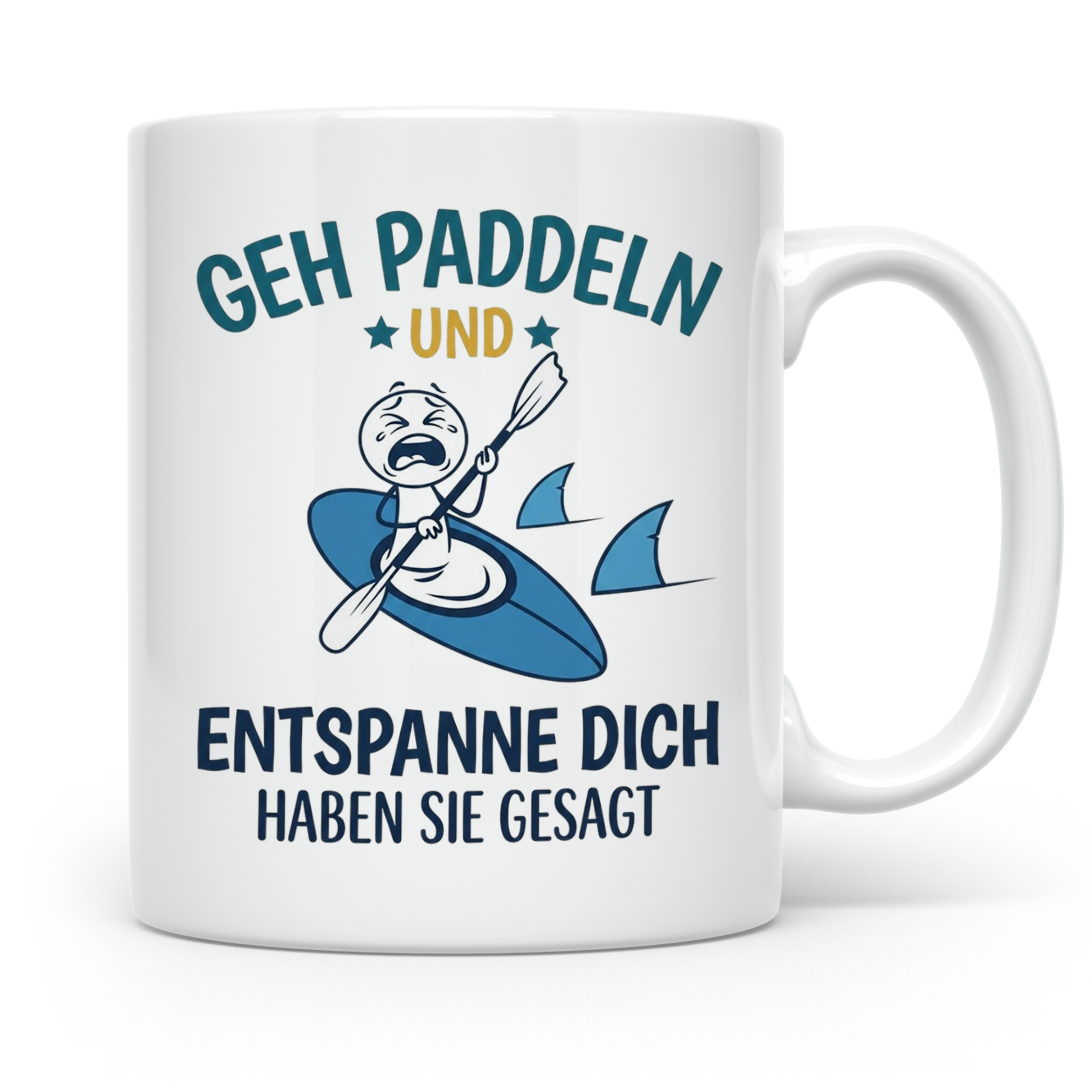 Paddeln Tasse mit lustigem Spruch, Kajak & Hai Motiv, Gesche – Weiß [farbe:weiß]