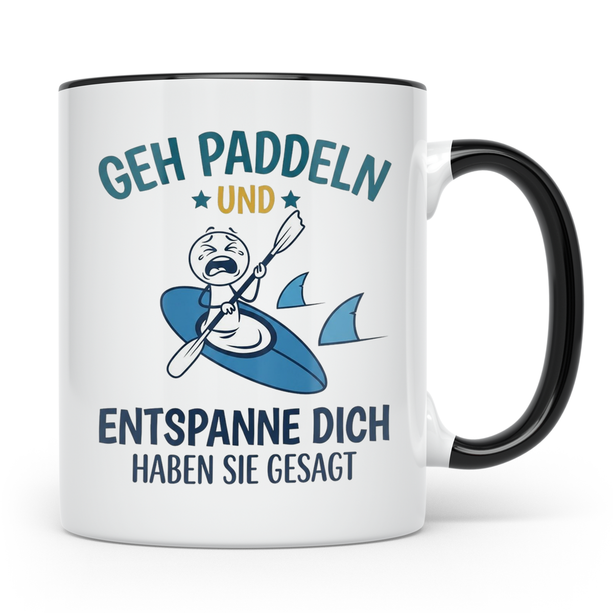 Paddeln Tasse mit lustigem Spruch, Kajak & Hai Motiv, Gesche – Schwarz [farbe:schwarz]