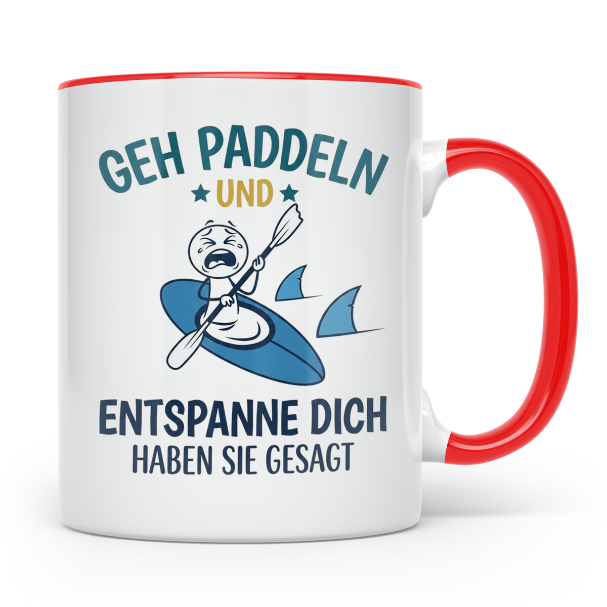 Paddeln Tasse mit lustigem Spruch, Kajak & Hai Motiv, Gesche – Rot [farbe:rot]