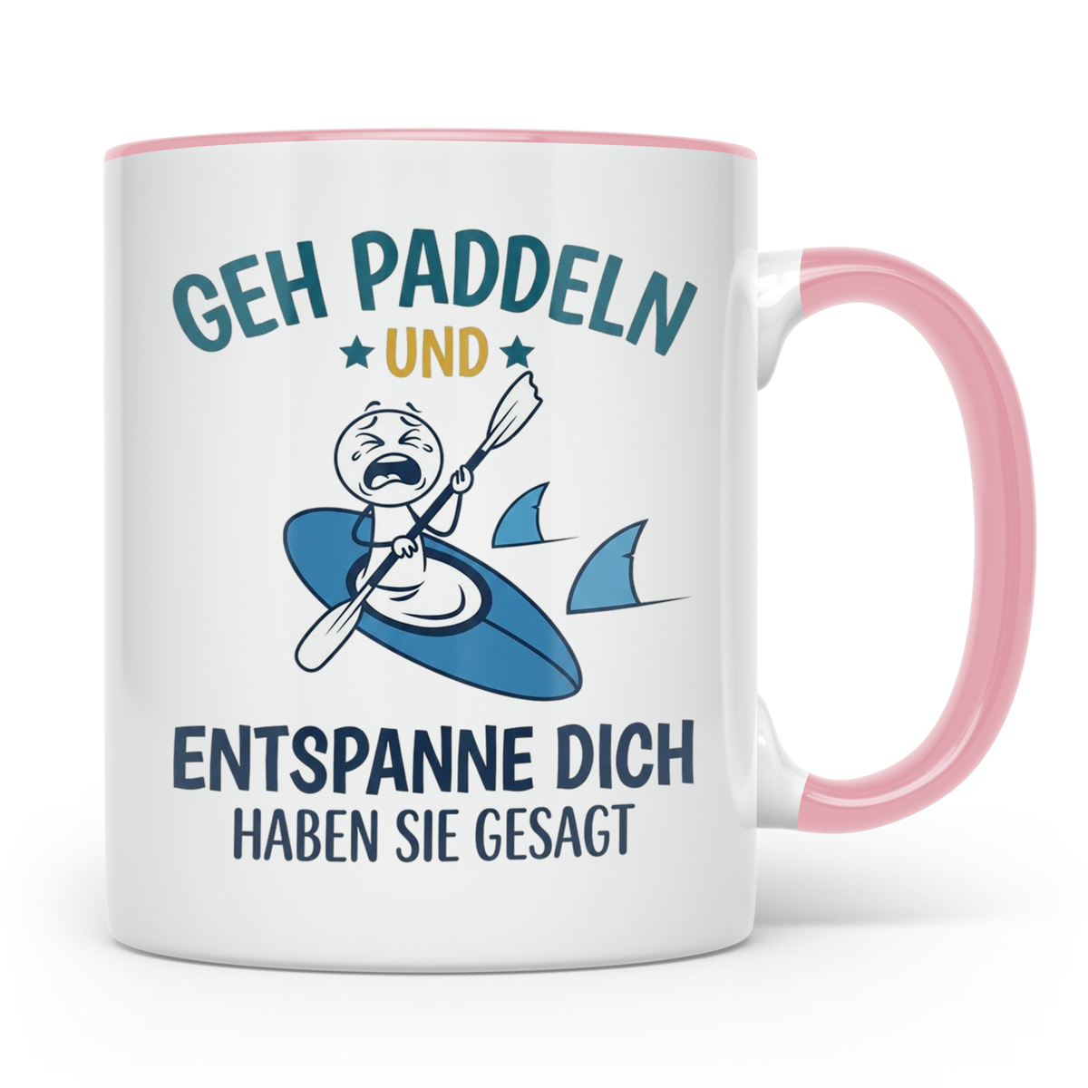 Paddeln Tasse mit lustigem Spruch, Kajak & Hai Motiv, Gesche – Rosa [farbe:rosa]
