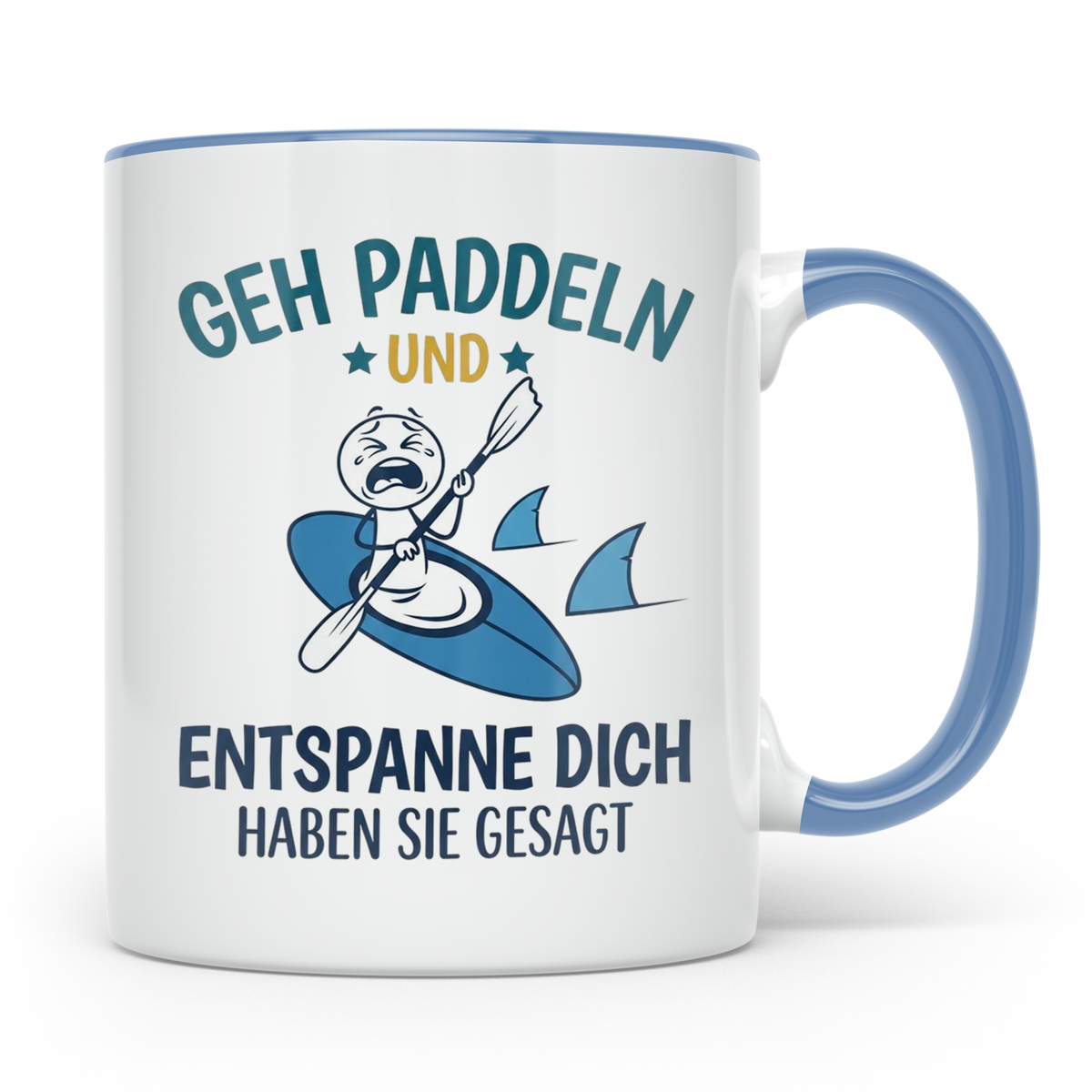 Paddeln Tasse mit lustigem Spruch, Kajak & Hai Motiv, Gesche – Blau [farbe:blau]