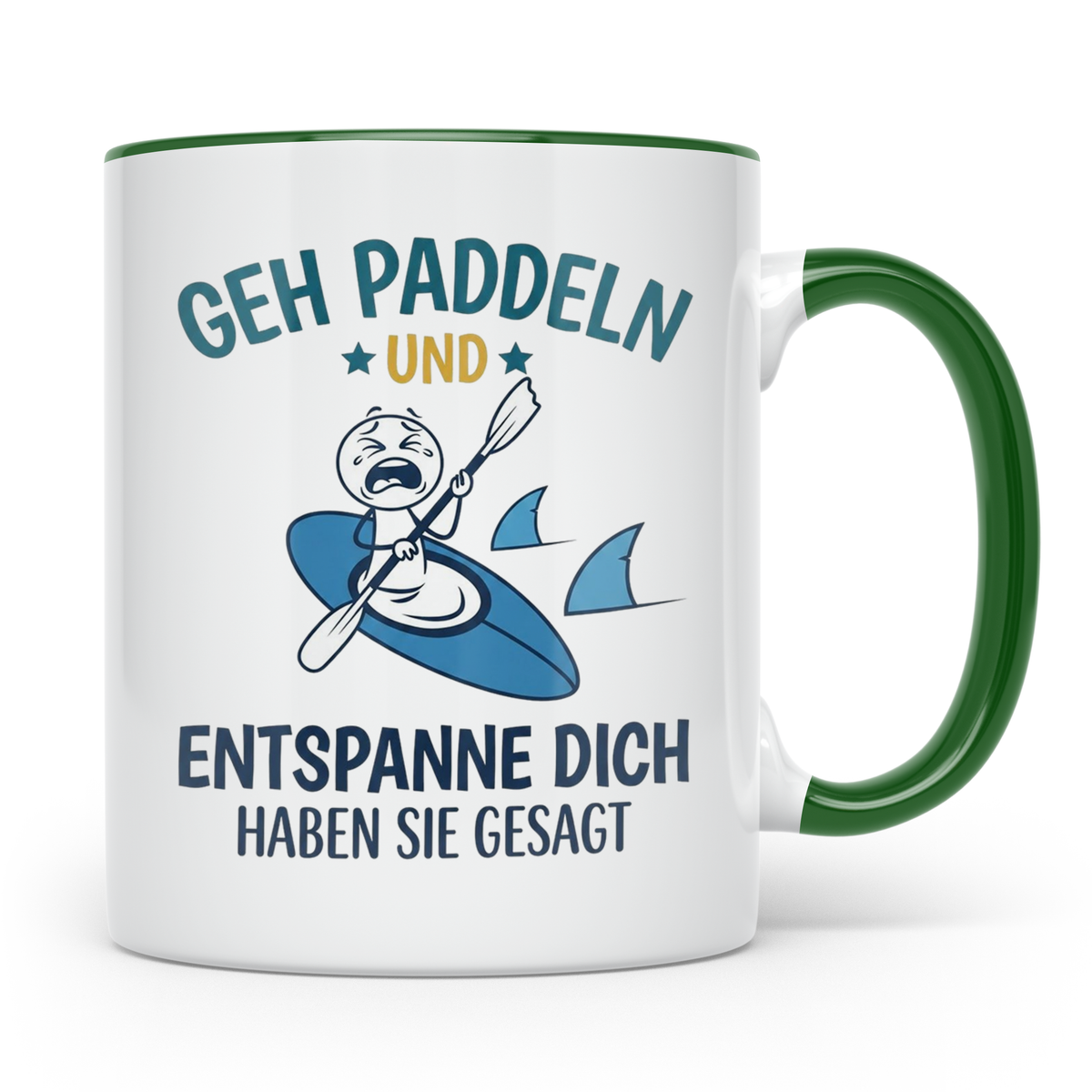 Paddeln Tasse mit lustigem Spruch, Kajak & Hai Motiv, Gesche – Grün [farbe:grün]
