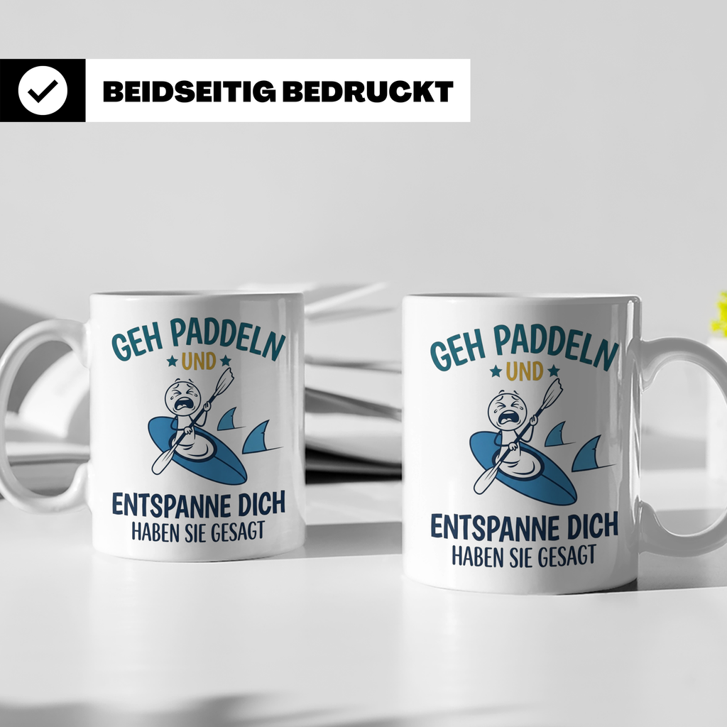 Paddeln Tasse mit lustigem Spruch, Kajak & Hai Motiv, Gesche – Weiß [farbe:weiß]