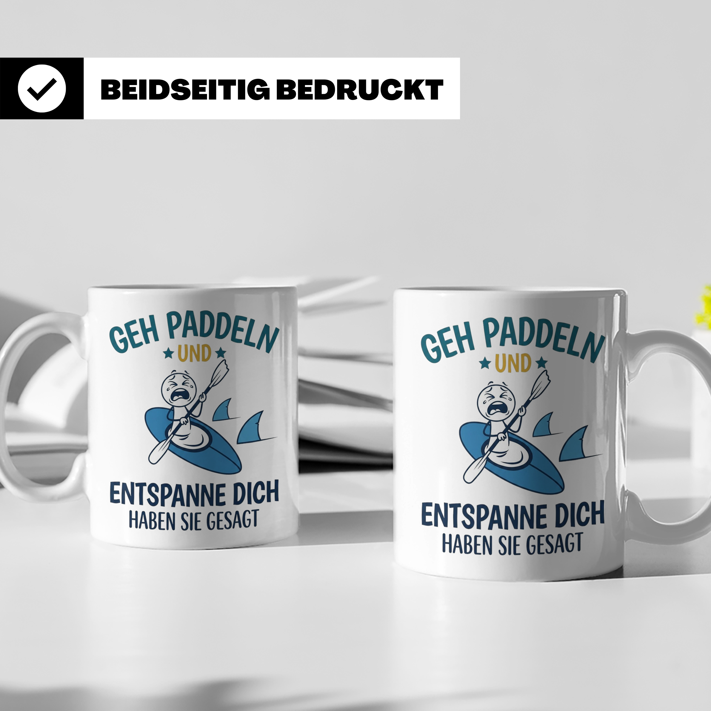 Paddeln Tasse mit lustigem Spruch, Kajak & Hai Motiv, Gesche – Weiß [farbe:weiß]