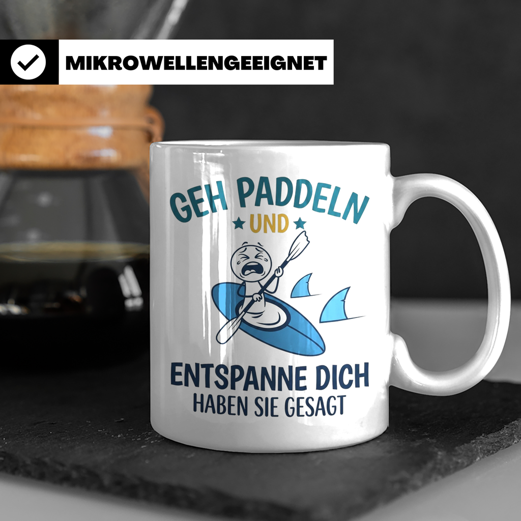 Paddeln Tasse mit lustigem Spruch, Kajak & Hai Motiv, Gesche – Weiß [farbe:weiß]