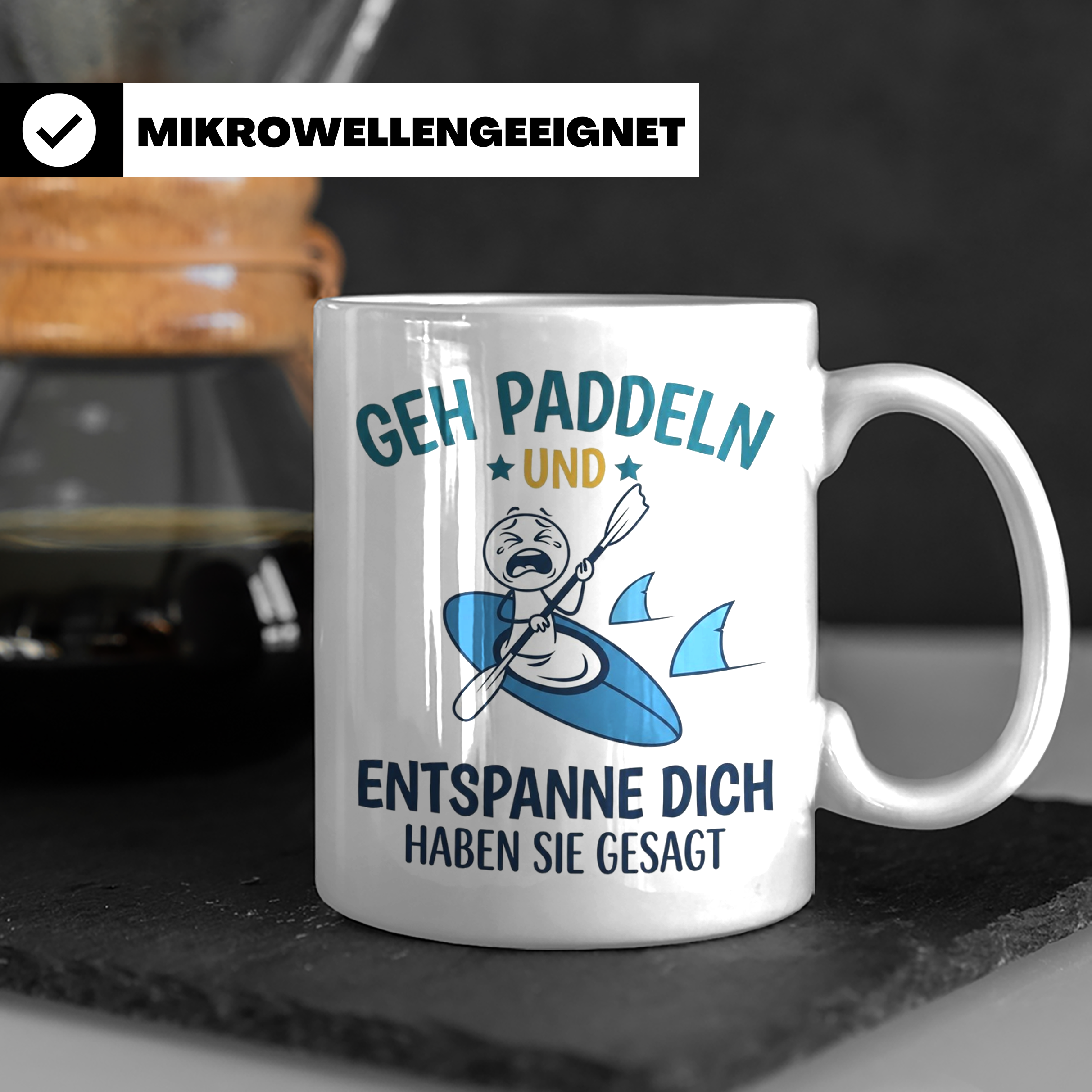 Paddeln Tasse mit lustigem Spruch, Kajak & Hai Motiv, Gesche – Weiß [farbe:weiß]