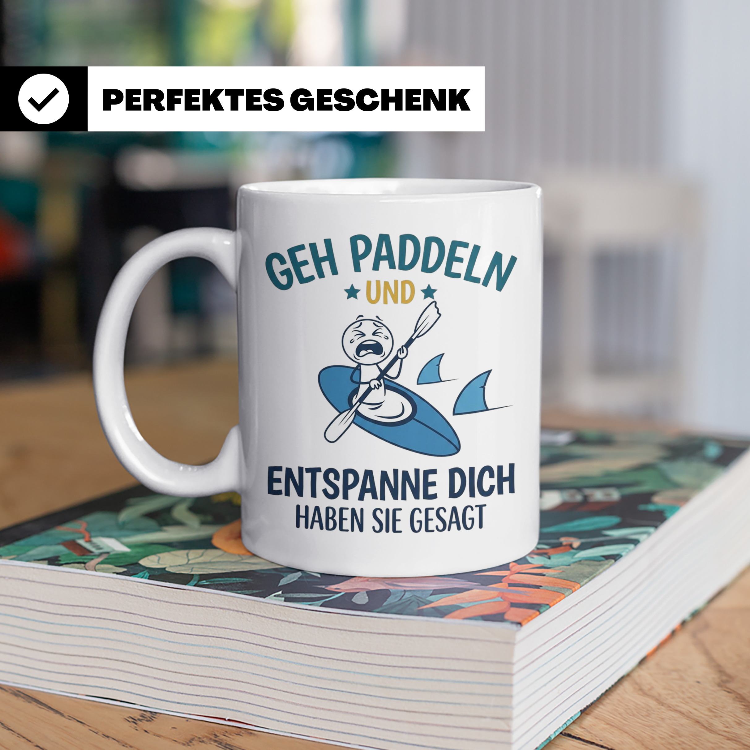 Paddeln Tasse mit lustigem Spruch, Kajak & Hai Motiv, Gesche – Weiß [farbe:weiß]