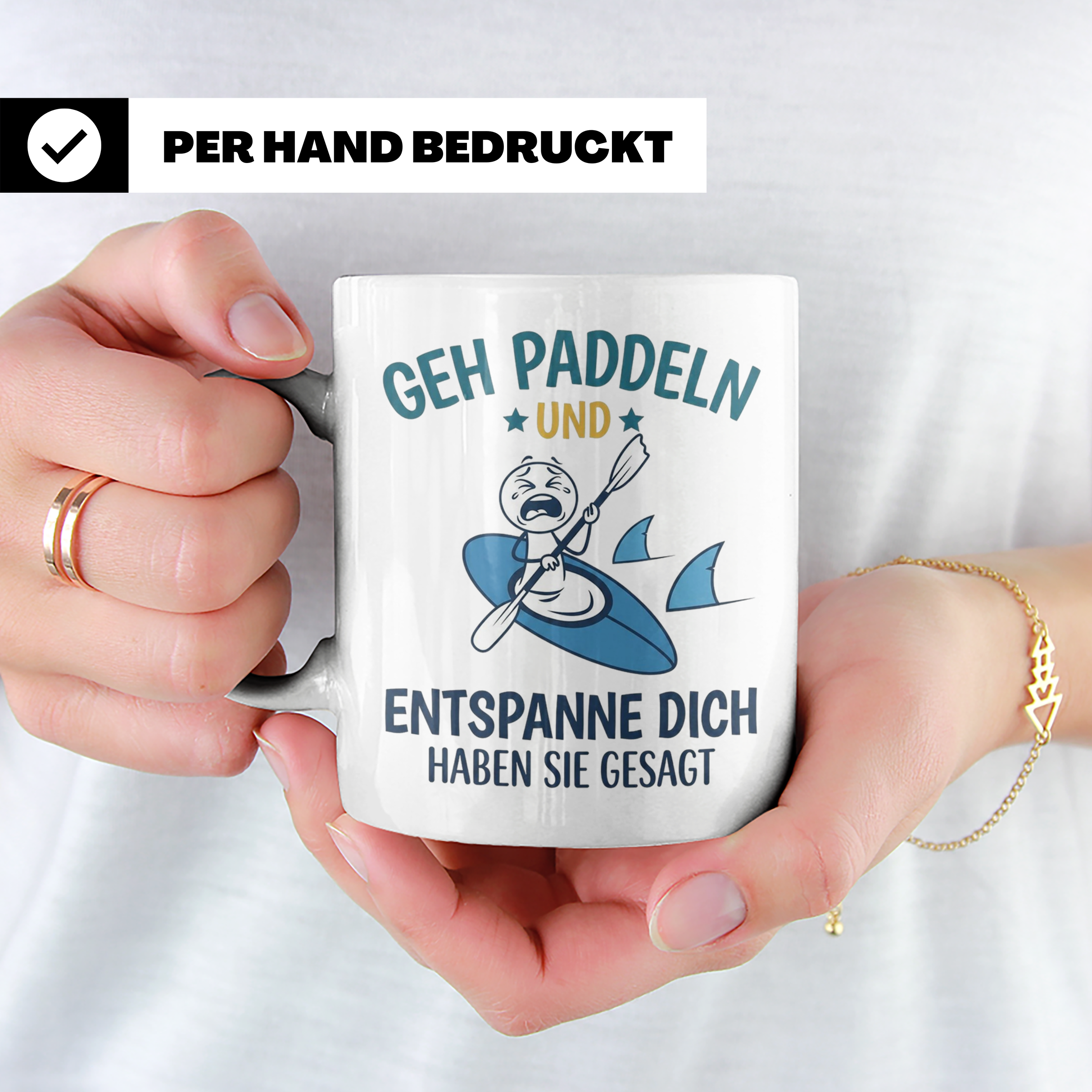Paddeln Tasse mit lustigem Spruch, Kajak & Hai Motiv, Gesche – Weiß [farbe:weiß]