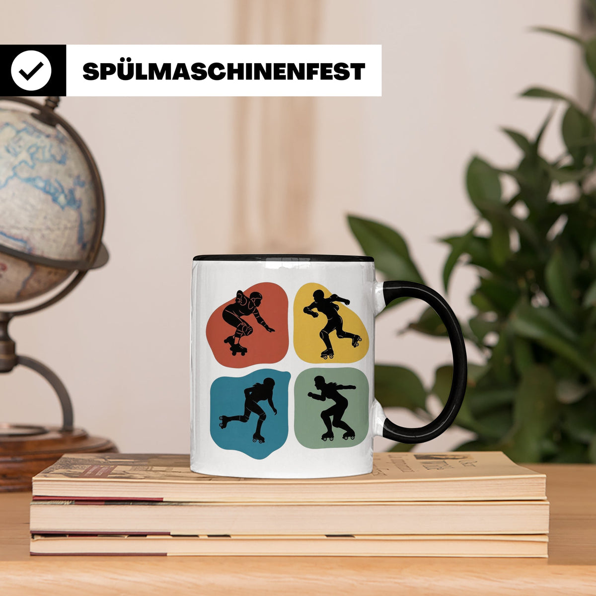 Roller Derby Tasse mit Skaterin Silhouetten im Retro Design. – Schwarz [farbe:schwarz]