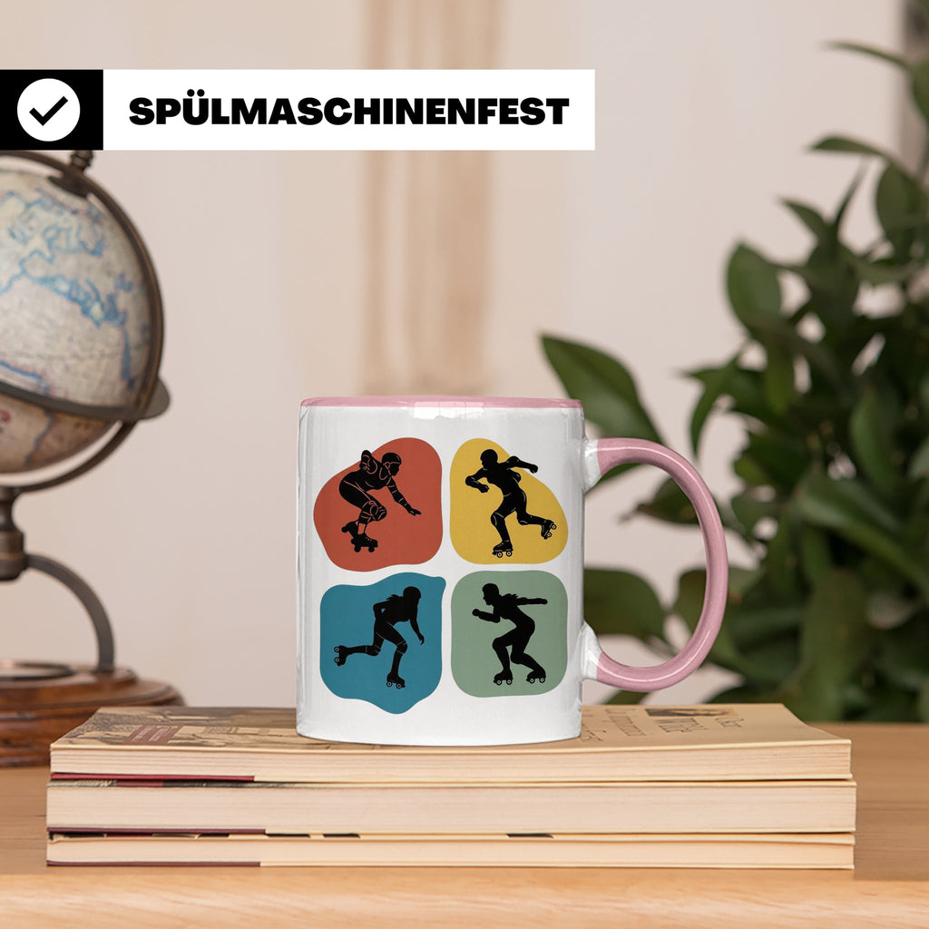 Roller Derby Tasse mit Skaterin Silhouetten im Retro Design. – Rosa [farbe:rosa]