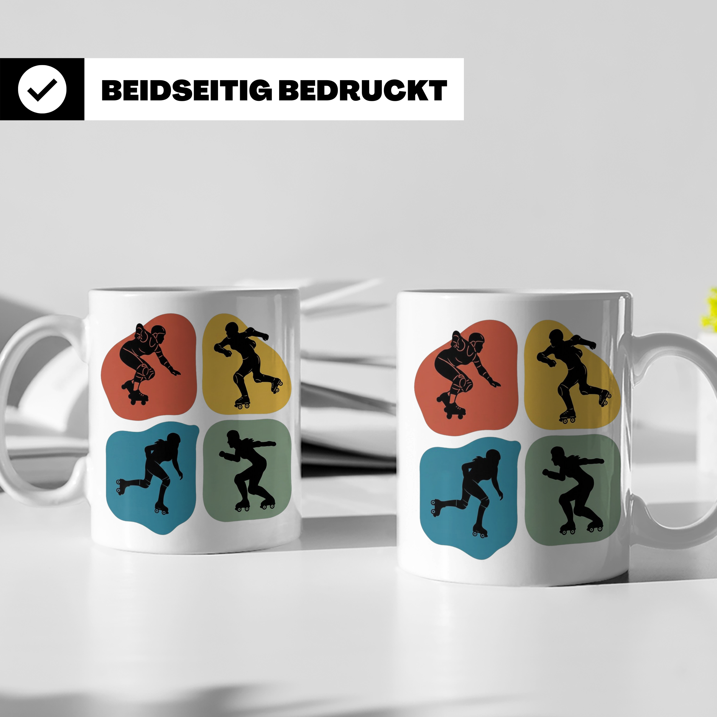 Roller Derby Tasse mit Skaterin Silhouetten im Retro Design. – Weiß [farbe:weiß]