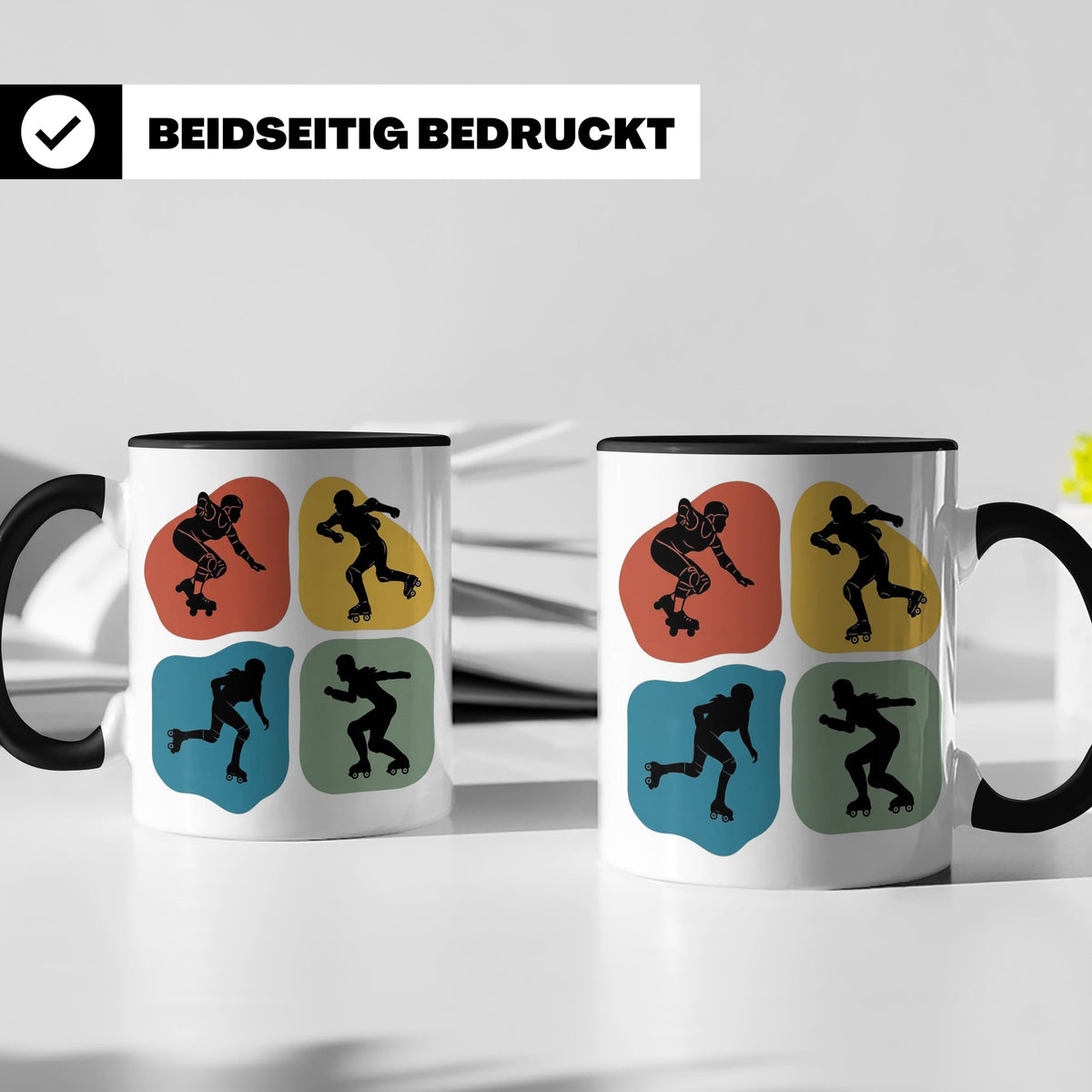 Roller Derby Tasse mit Skaterin Silhouetten im Retro Design. – Schwarz [farbe:schwarz]