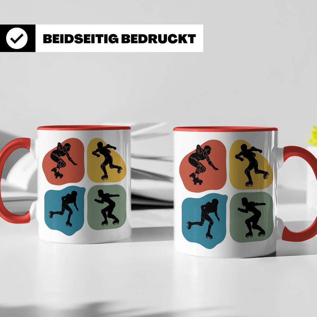 Roller Derby Tasse mit Skaterin Silhouetten im Retro Design. – Rot [farbe:rot]