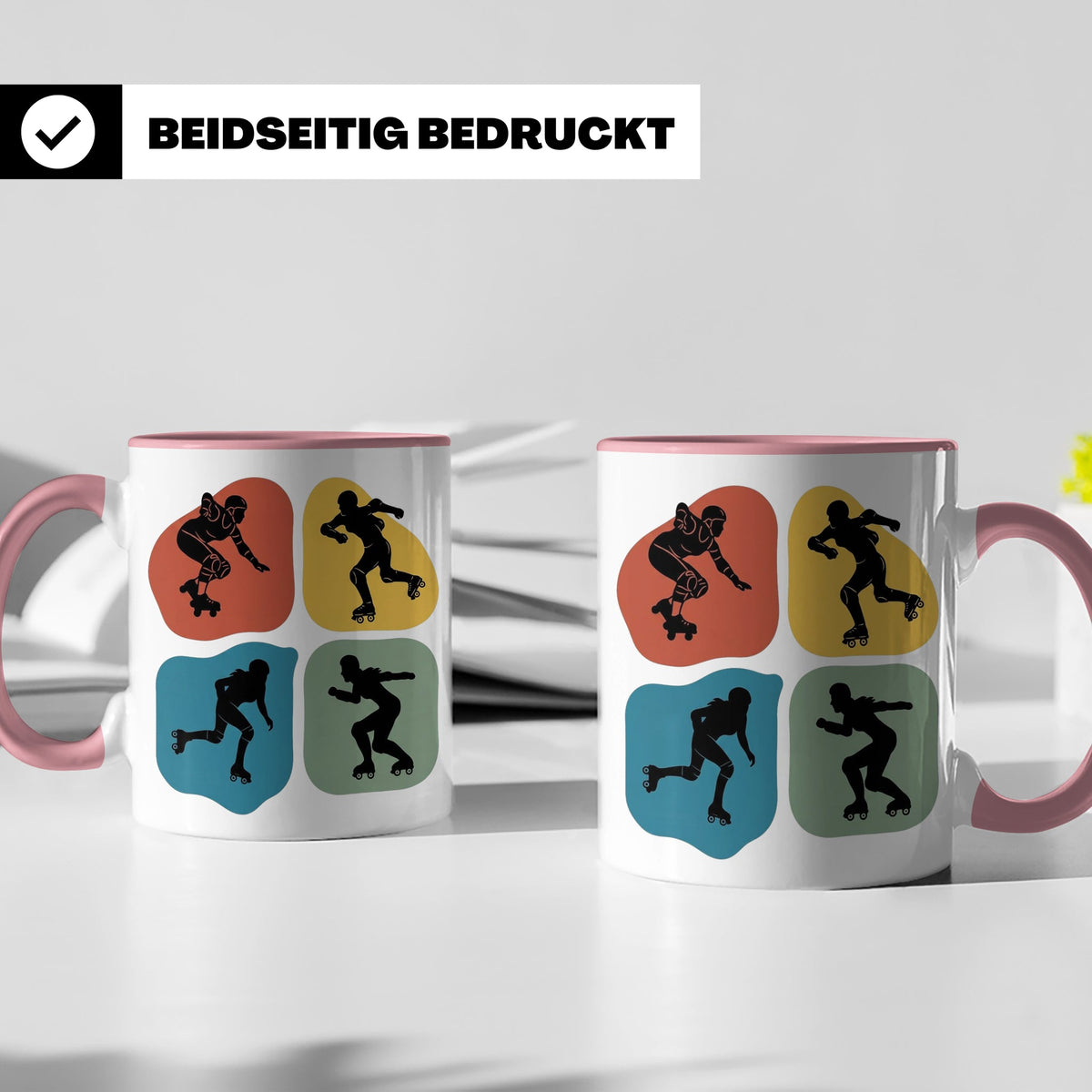 Roller Derby Tasse mit Skaterin Silhouetten im Retro Design. – Rosa [farbe:rosa]