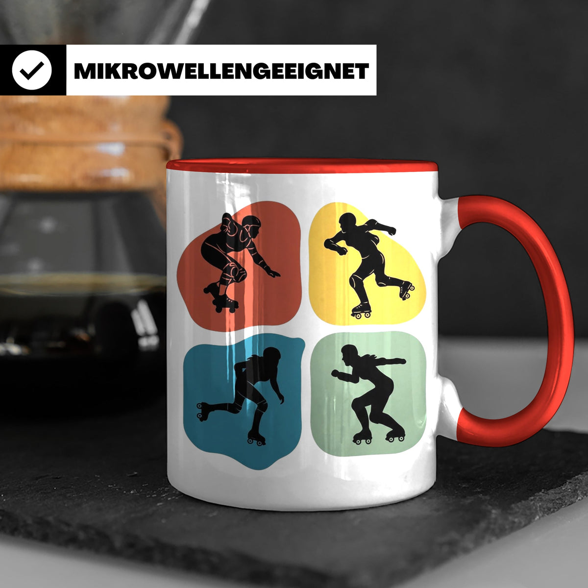 Roller Derby Tasse mit Skaterin Silhouetten im Retro Design. – Rot [farbe:rot]