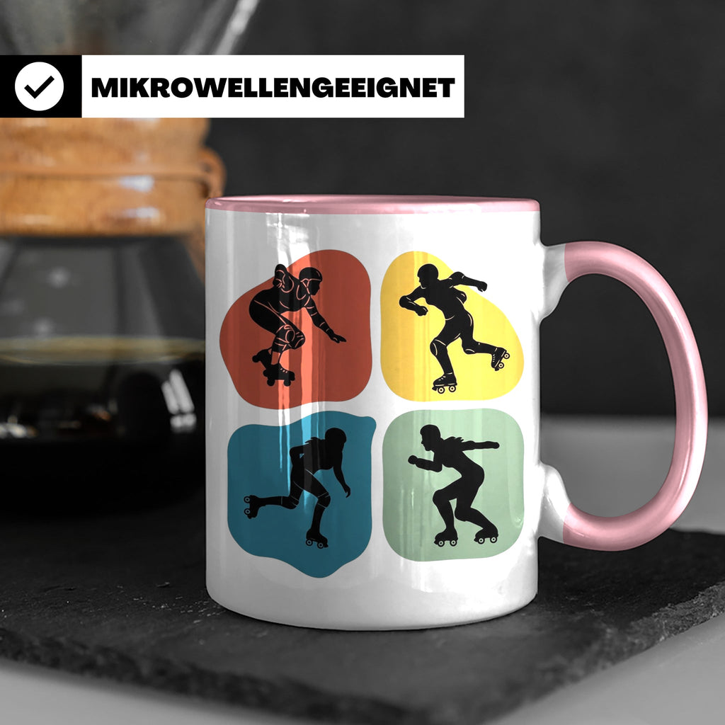 Roller Derby Tasse mit Skaterin Silhouetten im Retro Design. – Rosa [farbe:rosa]