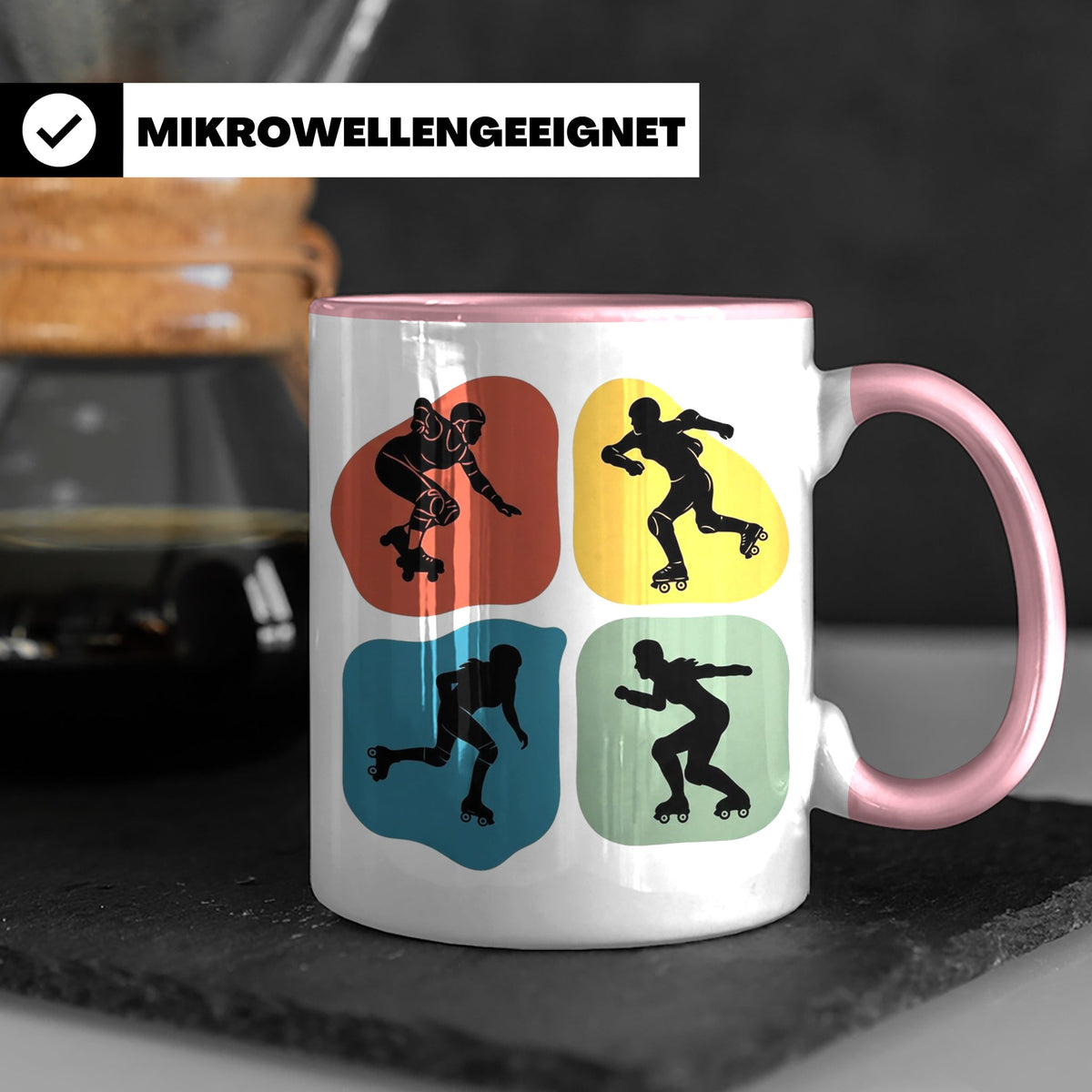 Roller Derby Tasse mit Skaterin Silhouetten im Retro Design. – Rosa [farbe:rosa]