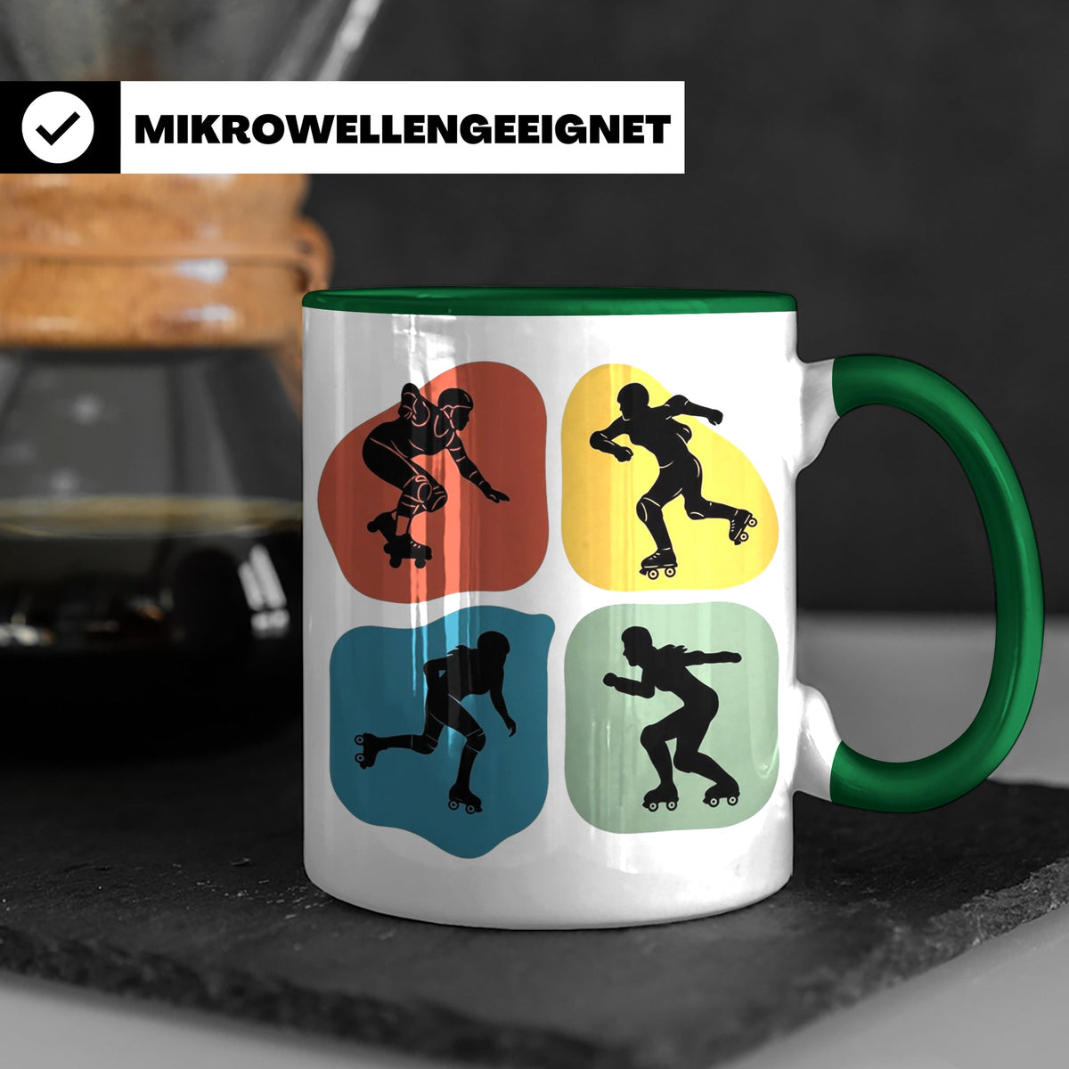 Roller Derby Tasse mit Skaterin Silhouetten im Retro Design. – Grün [farbe:grün]