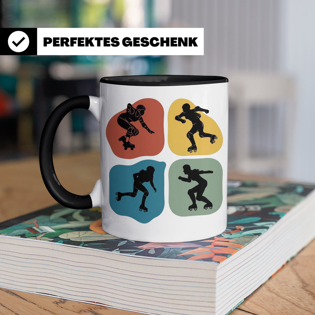 Roller Derby Tasse mit Skaterin Silhouetten im Retro Design. – Schwarz [farbe:schwarz]