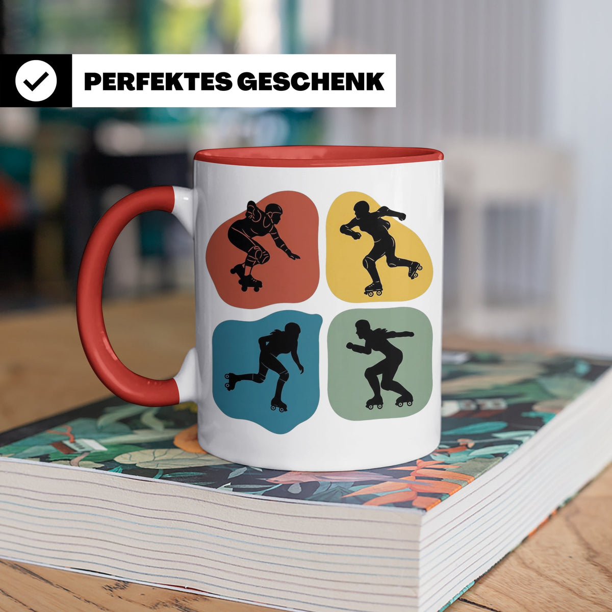 Roller Derby Tasse mit Skaterin Silhouetten im Retro Design. – Rot [farbe:rot]