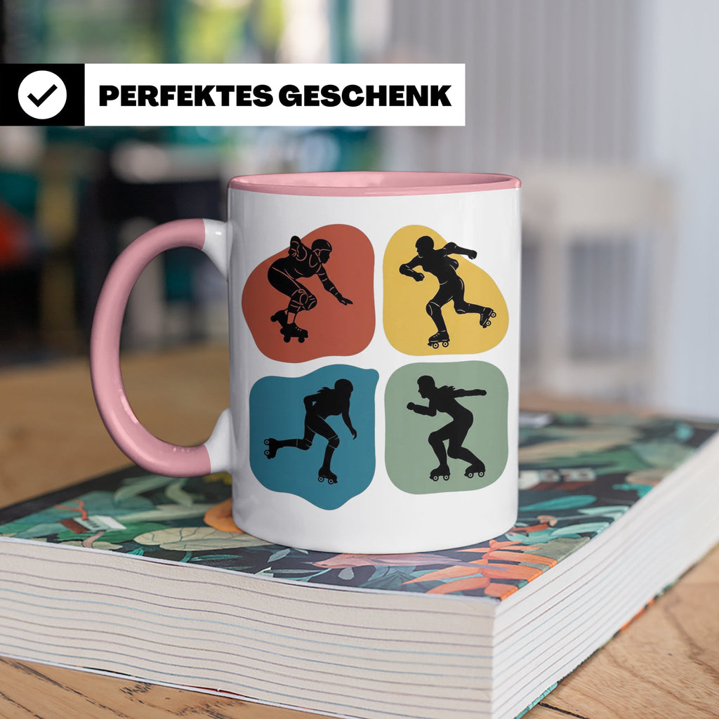 Roller Derby Tasse mit Skaterin Silhouetten im Retro Design. – Rosa [farbe:rosa]