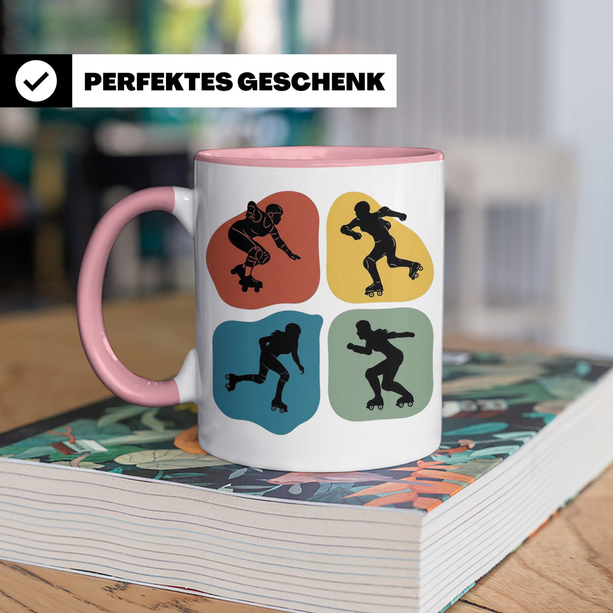 Roller Derby Tasse mit Skaterin Silhouetten im Retro Design. – Rosa [farbe:rosa]