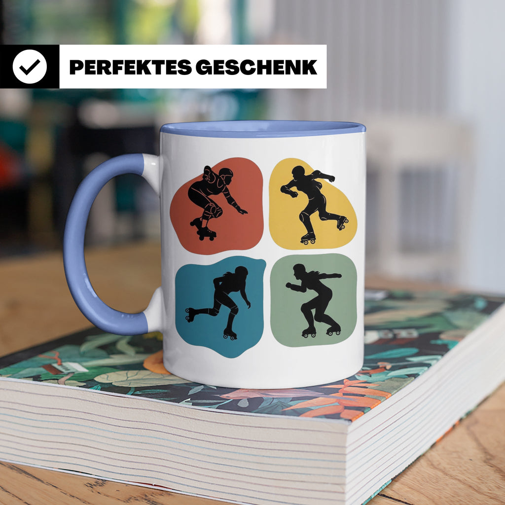 Roller Derby Tasse mit Skaterin Silhouetten im Retro Design. – Blau [farbe:blau]