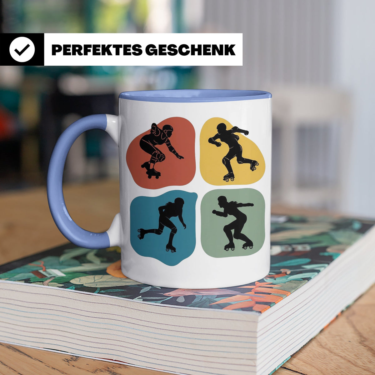 Roller Derby Tasse mit Skaterin Silhouetten im Retro Design. – Blau [farbe:blau]
