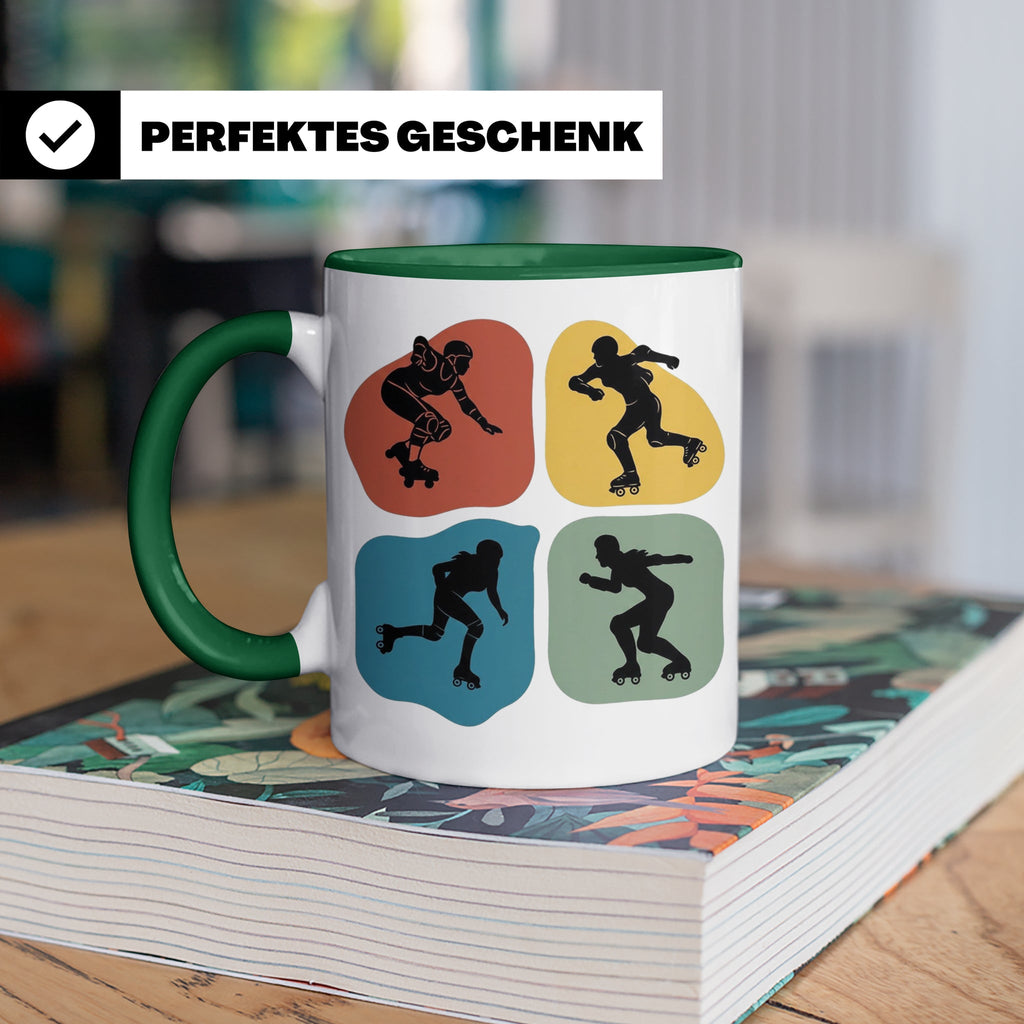 Roller Derby Tasse mit Skaterin Silhouetten im Retro Design. – Grün [farbe:grün]