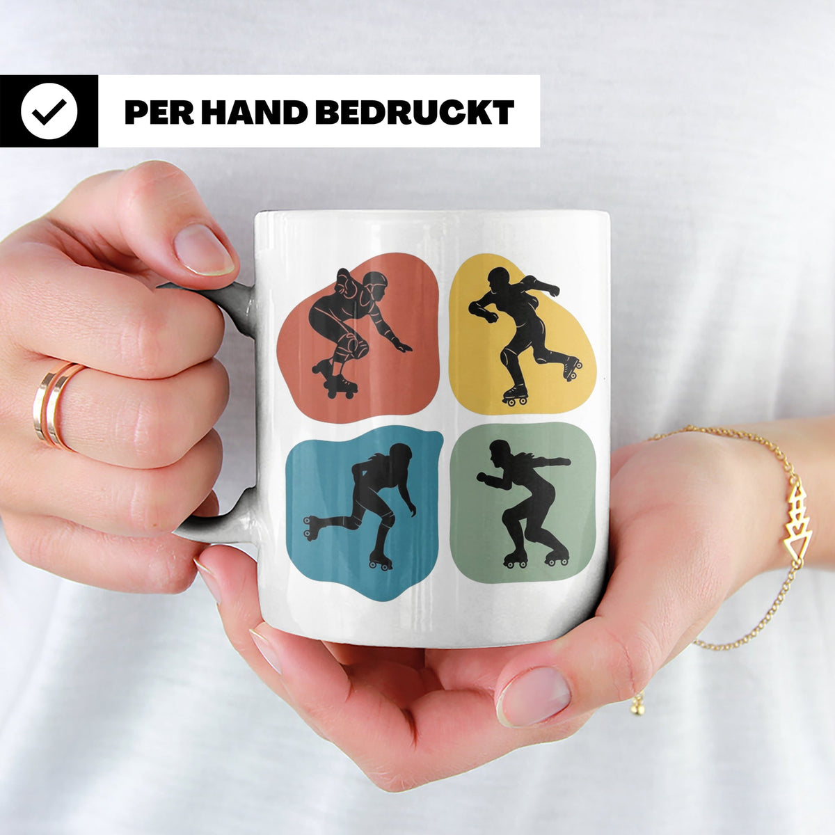 Roller Derby Tasse mit Skaterin Silhouetten im Retro Design. – Weiß [farbe:weiß]