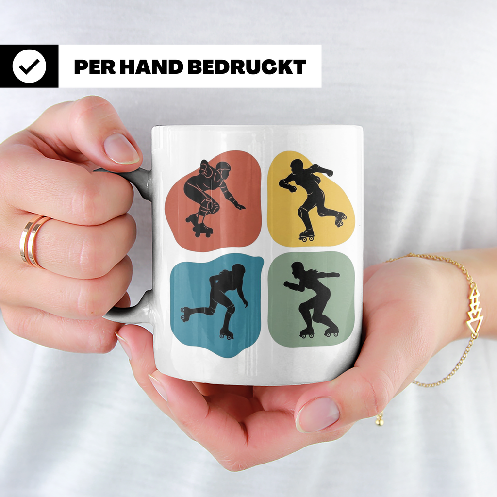Roller Derby Tasse mit Skaterin Silhouetten im Retro Design. – Weiß [farbe:weiß]