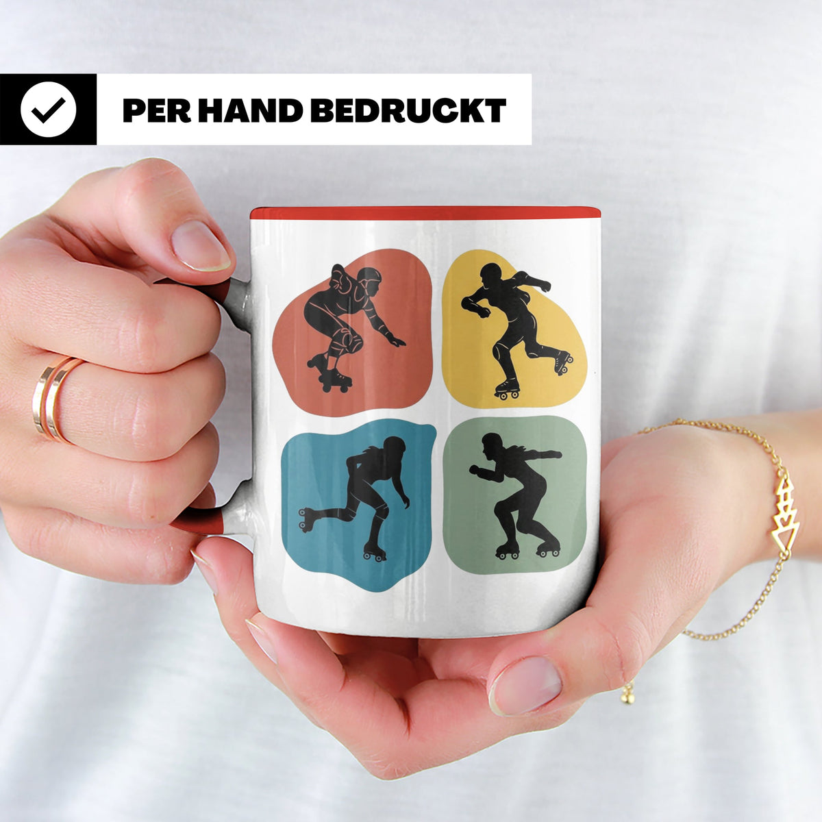 Roller Derby Tasse mit Skaterin Silhouetten im Retro Design. – Rot [farbe:rot]