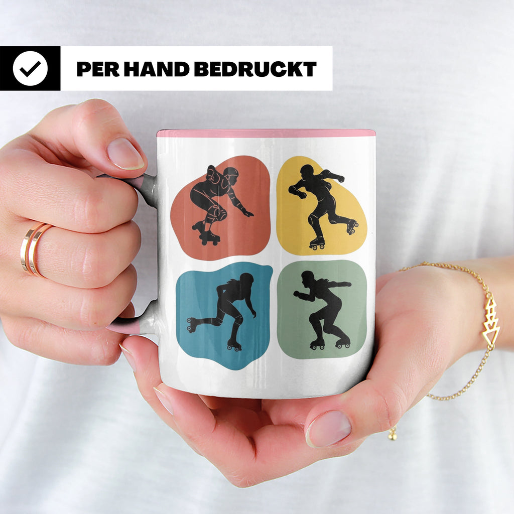 Roller Derby Tasse mit Skaterin Silhouetten im Retro Design. – Rosa [farbe:rosa]