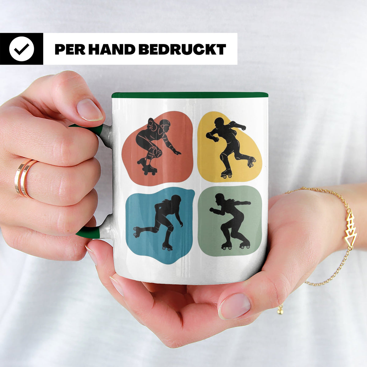Roller Derby Tasse mit Skaterin Silhouetten im Retro Design. – Grün [farbe:grün]