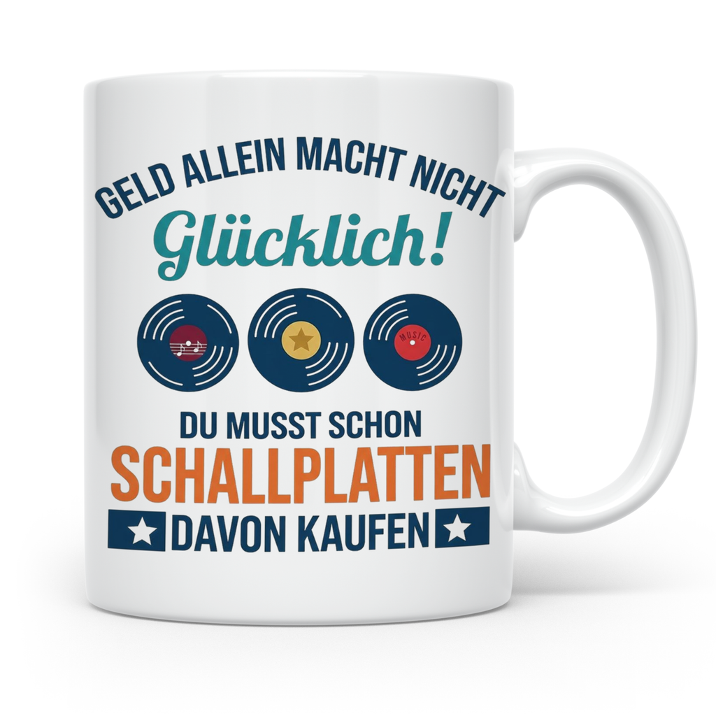 Schallplatten Tasse lustig Geld allein macht nicht glücklich – Weiß [farbe:weiß]
