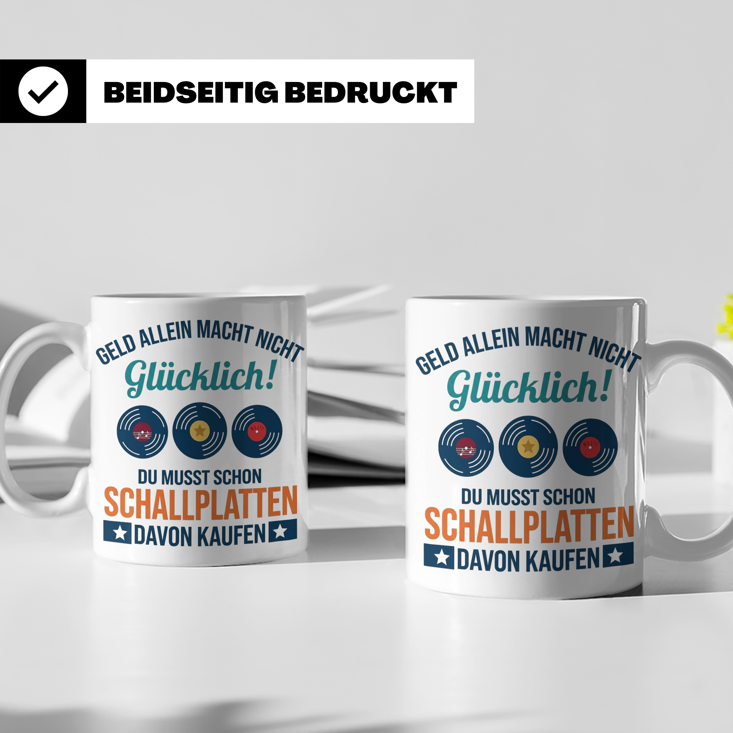 Schallplatten Tasse lustig Geld allein macht nicht glücklich – Weiß [farbe:weiß]