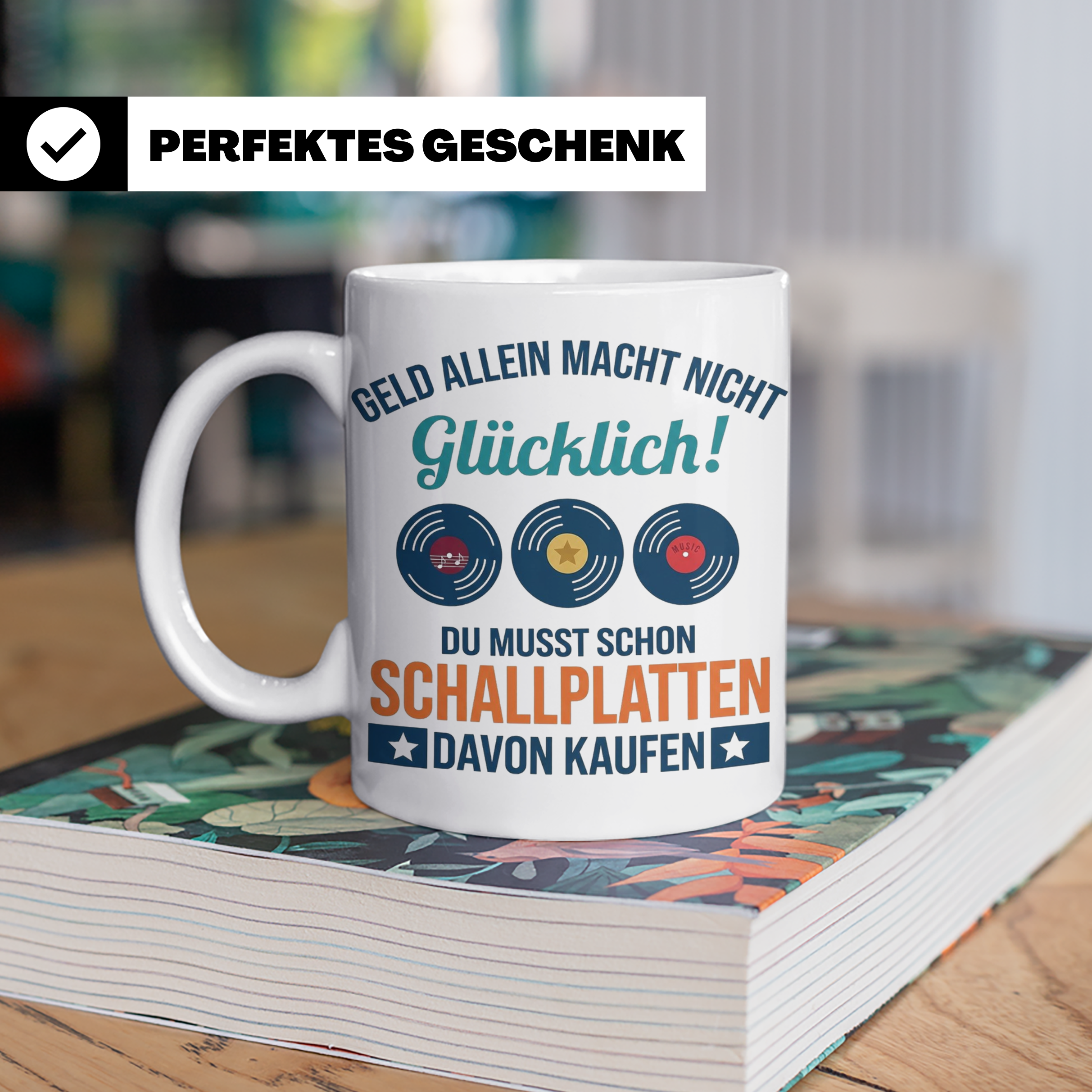 Schallplatten Tasse lustig Geld allein macht nicht glücklich – Weiß [farbe:weiß]