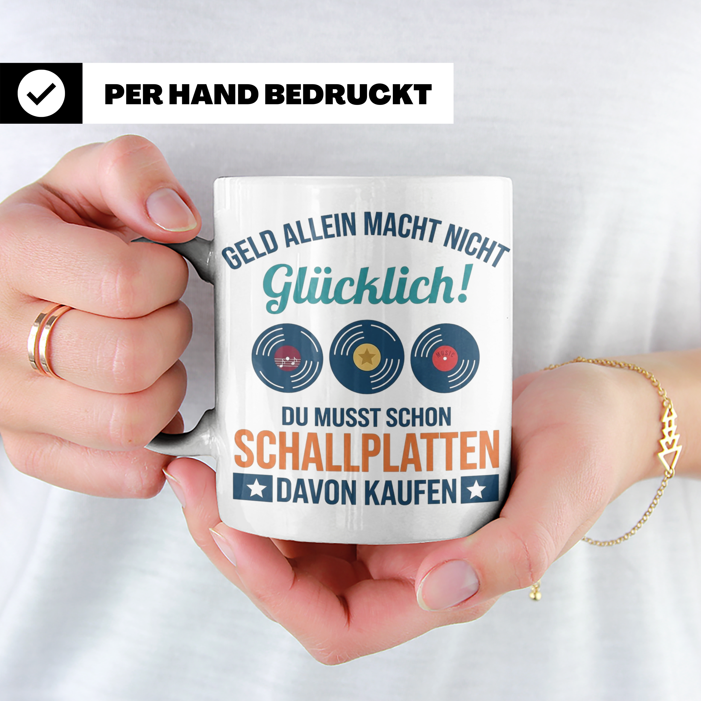 Schallplatten Tasse lustig Geld allein macht nicht glücklich – Weiß [farbe:weiß]