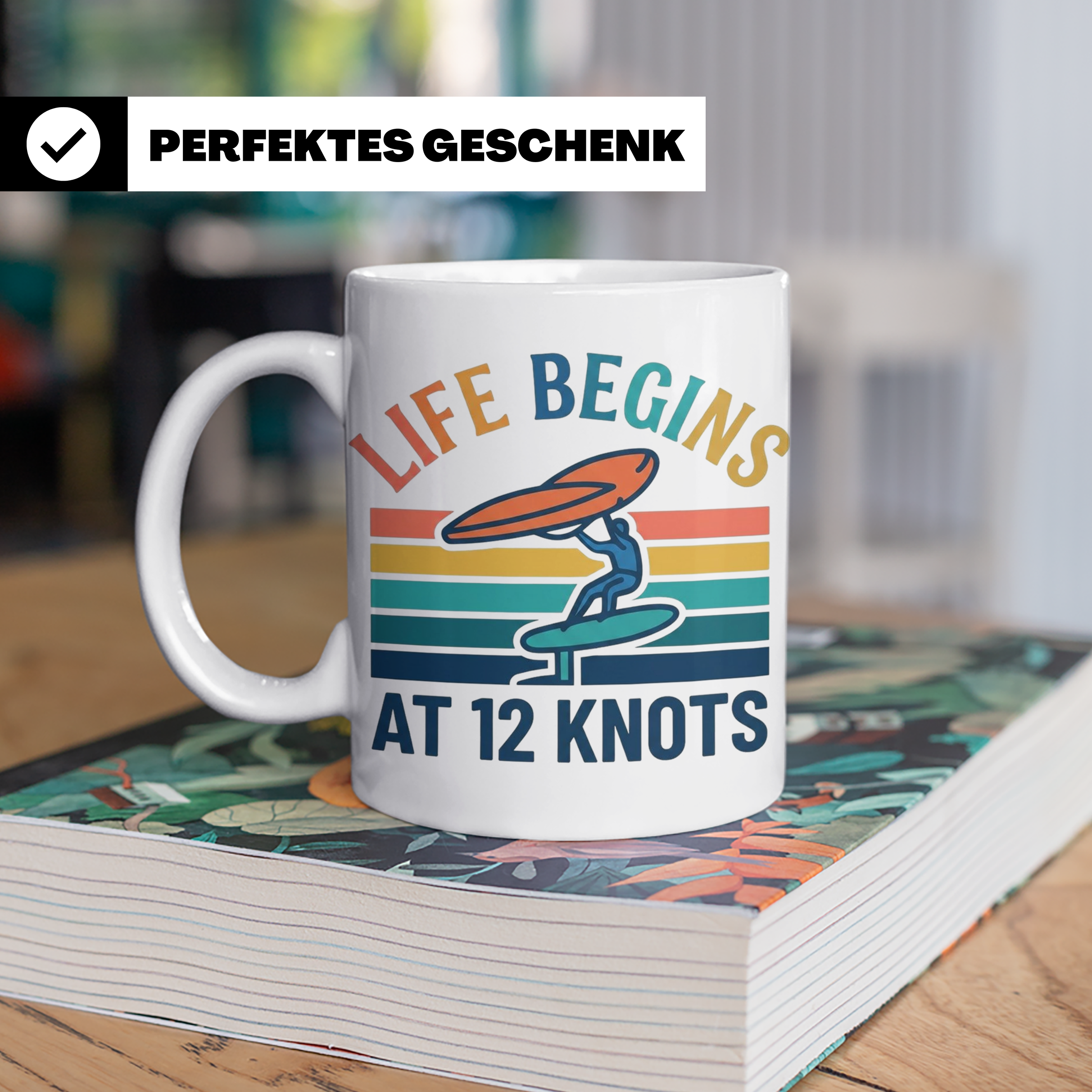 Wing Foil Tasse Life Begins At 12 Knots, Retro Wingsurfen De – Weiß [farbe:weiß]
