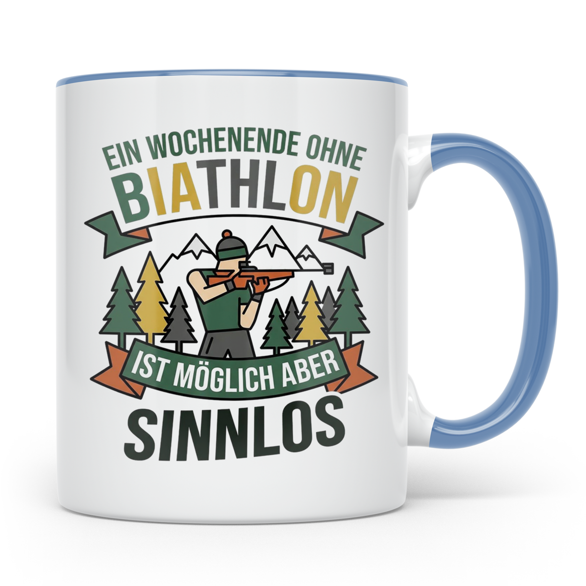 Biathlon Tasse mit Spruch Wochenende ohne Biathlon sinnlos | – Blau [farbe:blau]