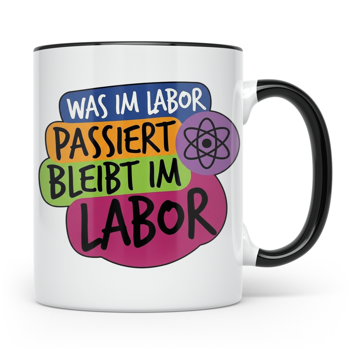 Labor Tasse mit Spruch Was im Labor passiert bleibt im Labor – Schwarz [farbe:schwarz]