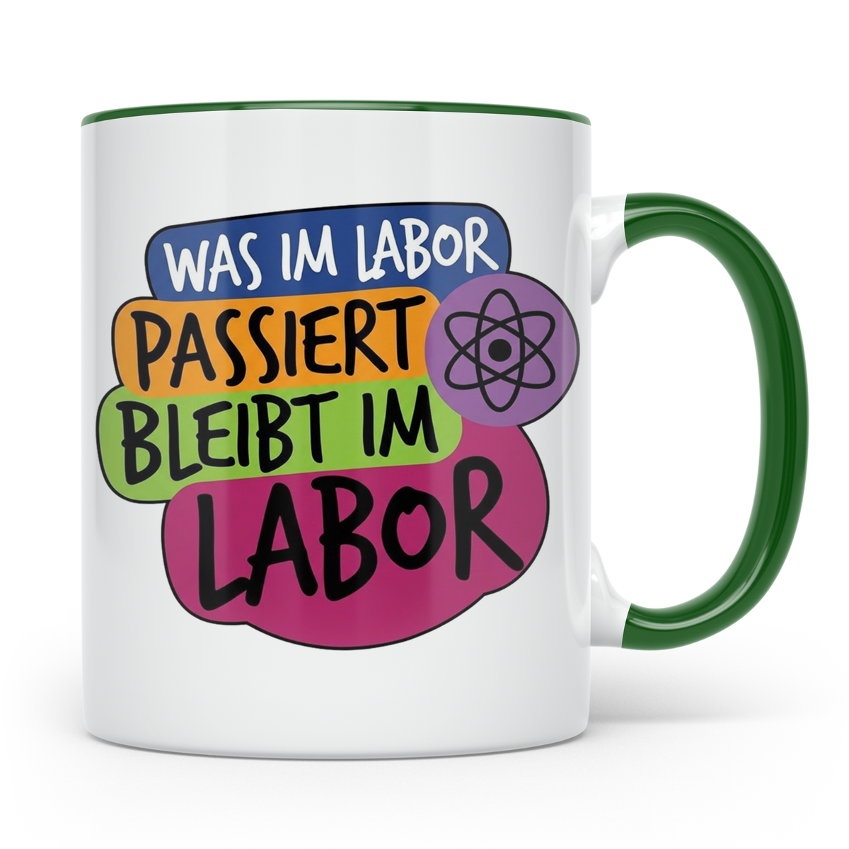 Labor Tasse mit Spruch Was im Labor passiert bleibt im Labor – Grün [farbe:grün]