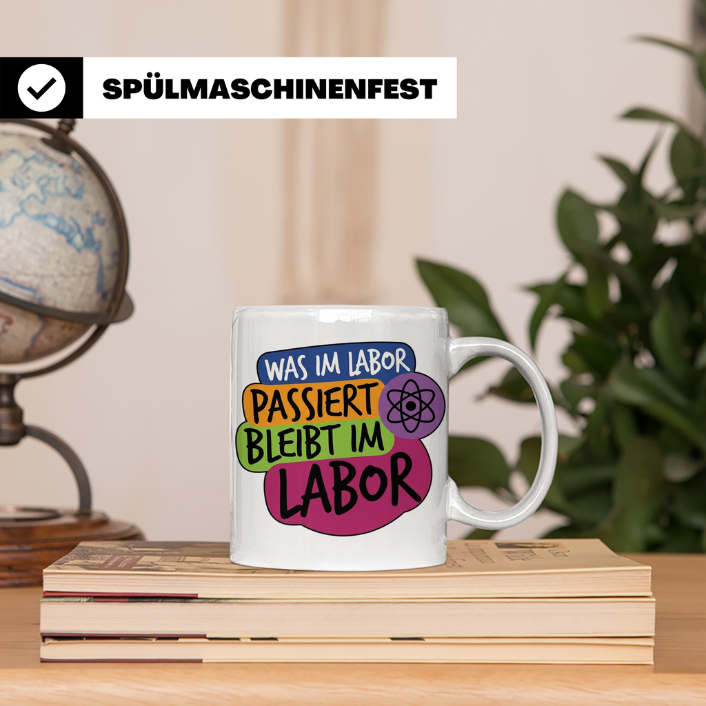 Labor Tasse mit Spruch Was im Labor passiert bleibt im Labor – Weiß [farbe:weiß]