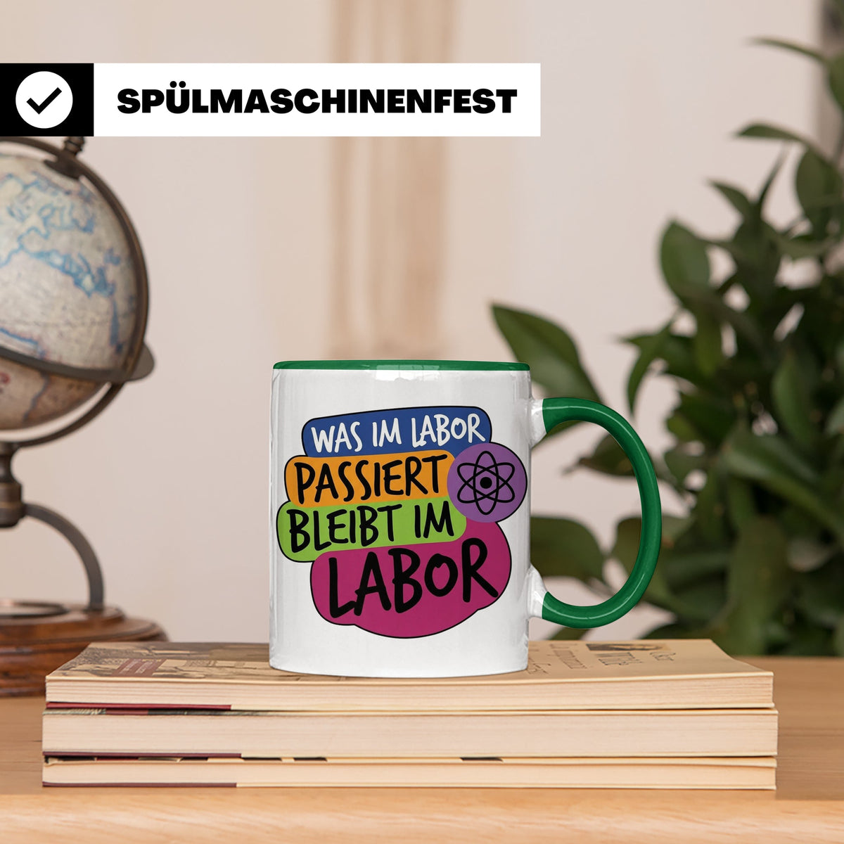 Labor Tasse mit Spruch Was im Labor passiert bleibt im Labor – Grün [farbe:grün]