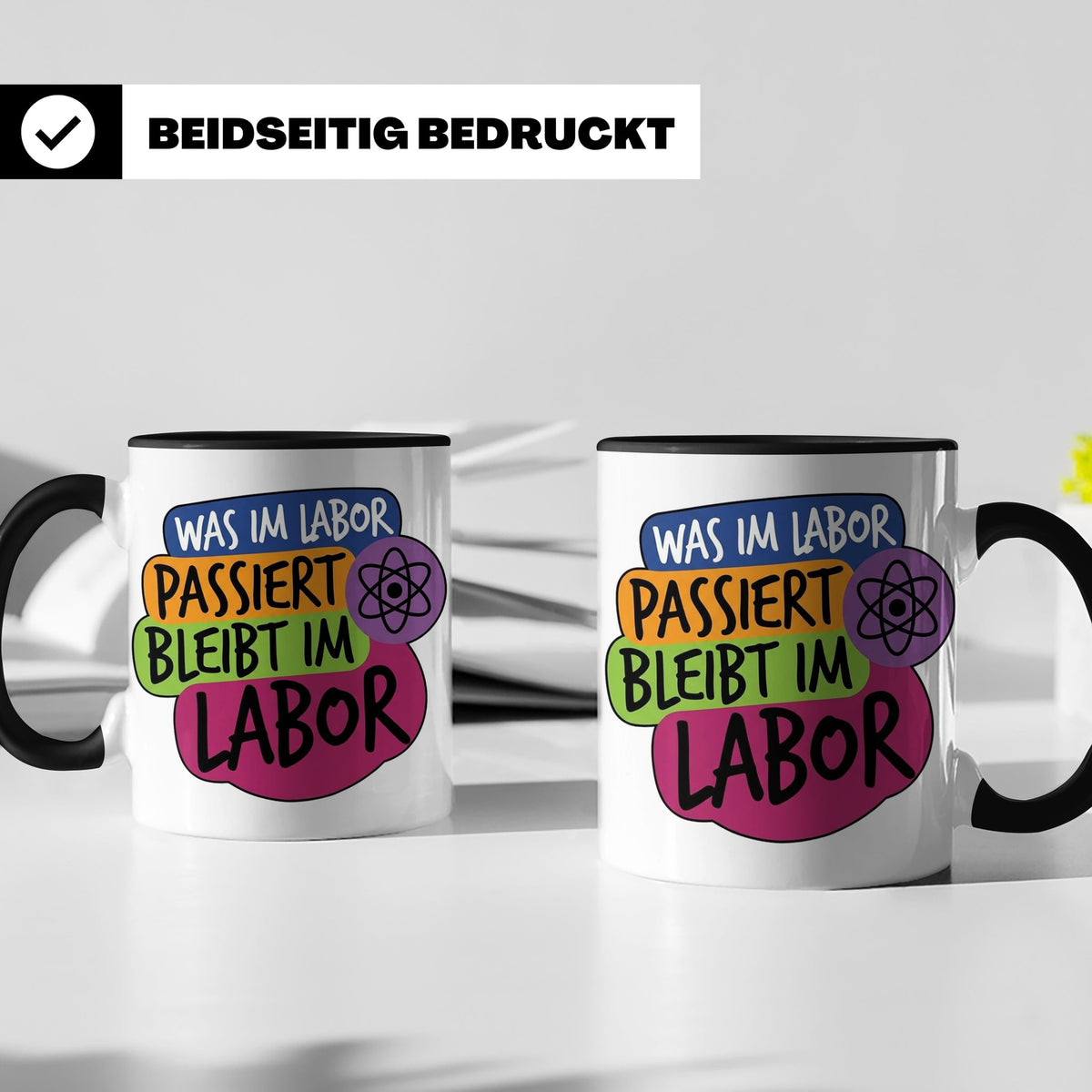 Labor Tasse mit Spruch Was im Labor passiert bleibt im Labor – Schwarz [farbe:schwarz]