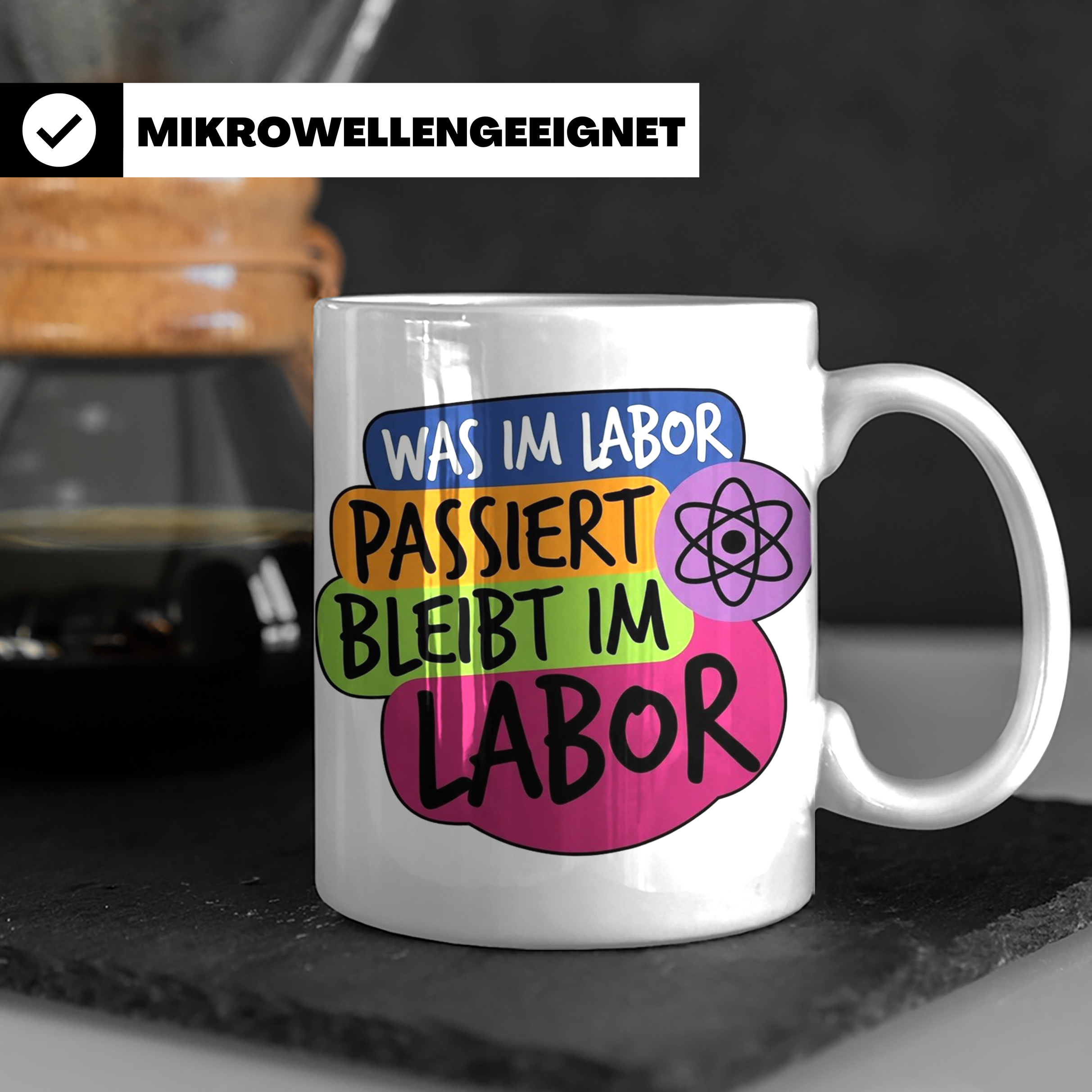 Labor Tasse mit Spruch Was im Labor passiert bleibt im Labor – Weiß [farbe:weiß]