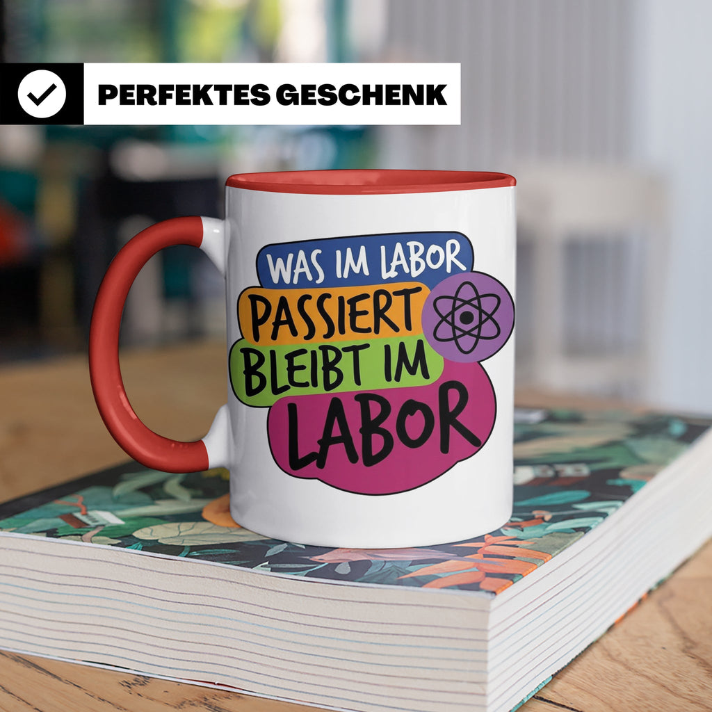 Labor Tasse mit Spruch Was im Labor passiert bleibt im Labor – Rot [farbe:rot]