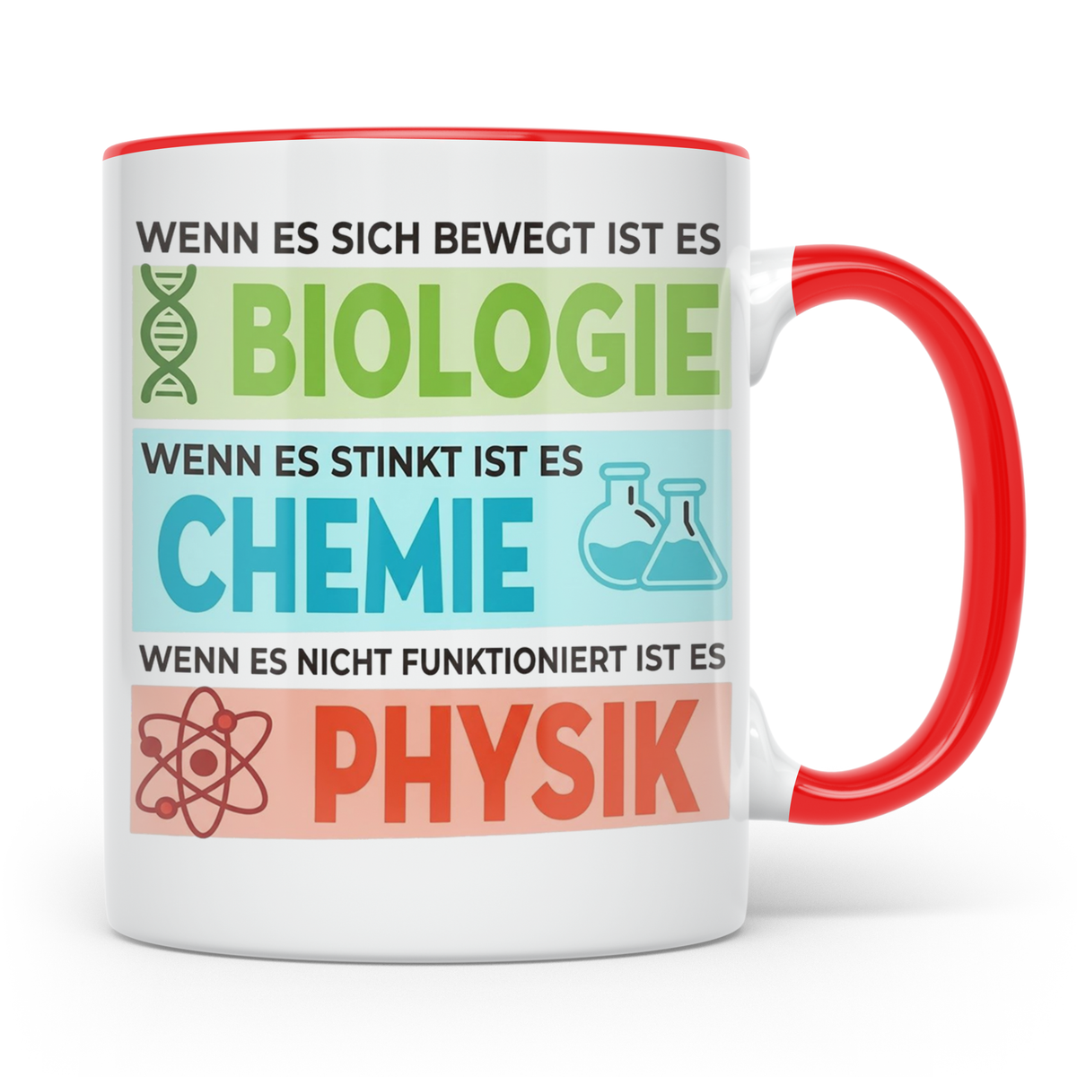 Naturwissenschaften Tasse mit Spruch Biologie, Chemie, Physi – Rot [farbe:rot]